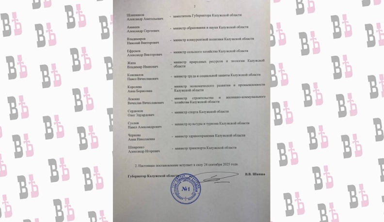 Губернатор Калужской области утвердил обновленный состав регионального правительства