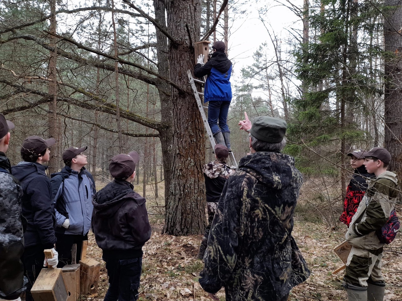 Школьники развешивают скворечники на экологической тропе.jpg