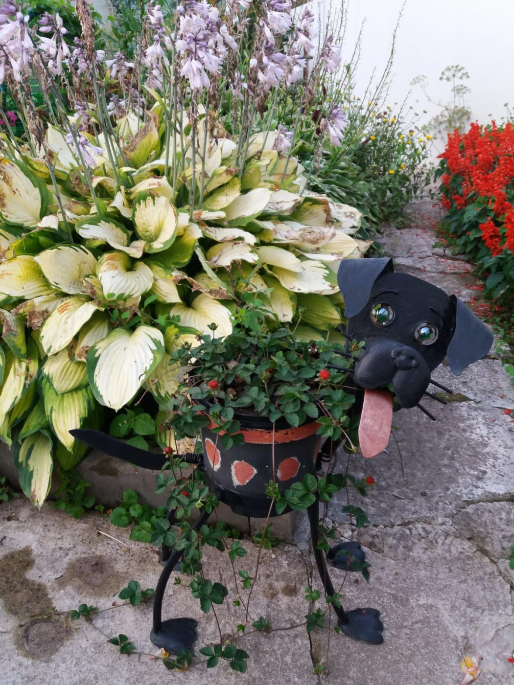Садовые фигурки - не вычурные, стильные. Этот симпатичный пес «присматривает» за ампельным растением.jpg