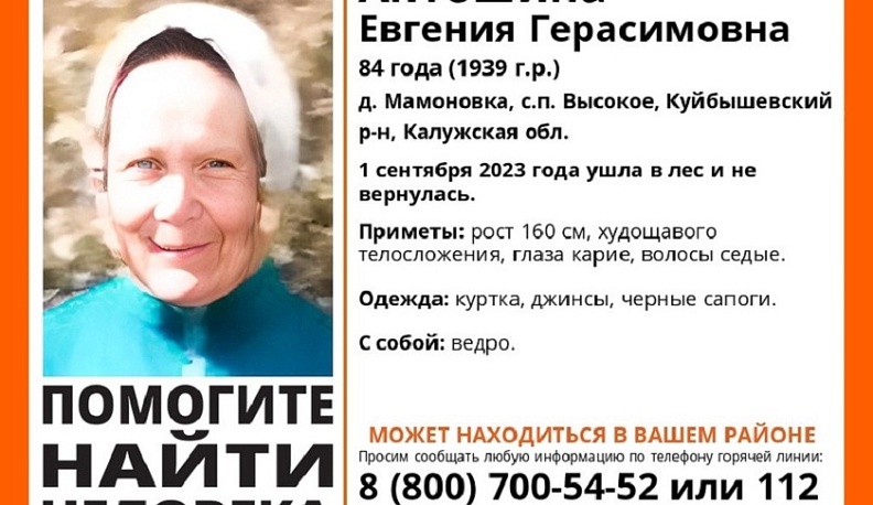 В Калужской области разыскивают 84-летнюю пенсионерку