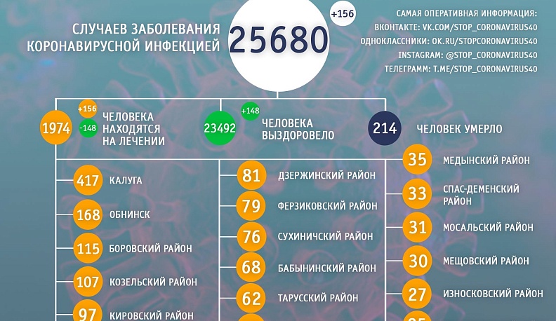 В Калужской области за сутки заразились коронавирусом 156 человек