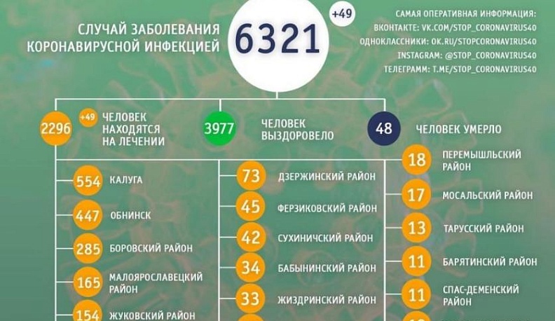 5 июля обновлены данные по случаям заражения коронавирусом в Калужской области