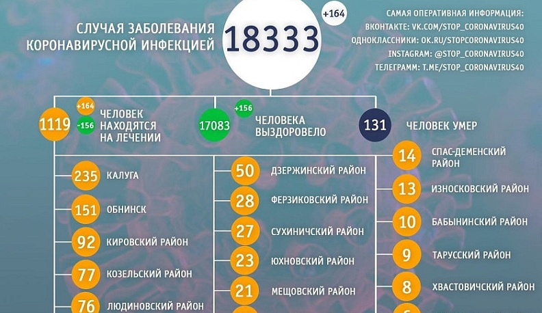 В Калужской области 164 новых случая коронавируса за сутки