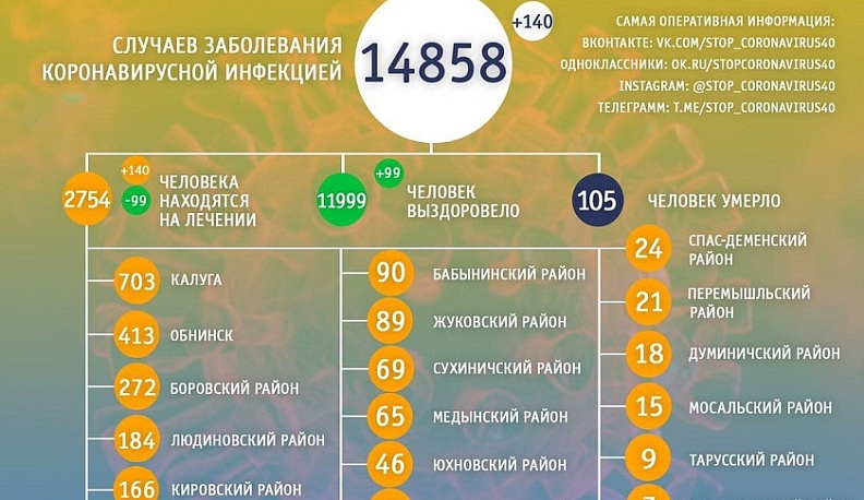 В Калужской области за сутки от коронавируса выздоровело 99 человек