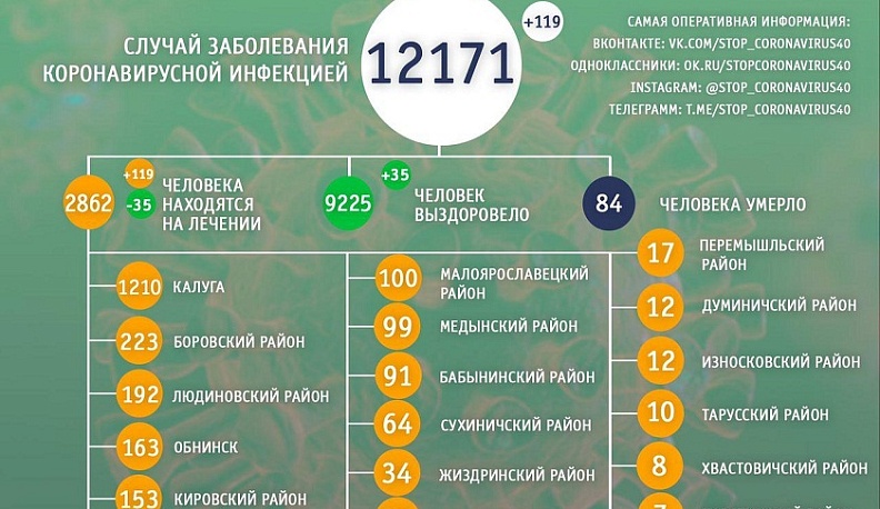 В Калужской области за сутки коронавирусом заболело 119 человек