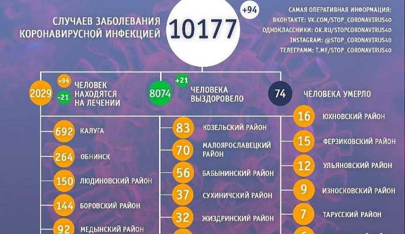 В Калужской области за сутки 94 заразились коронавирусом