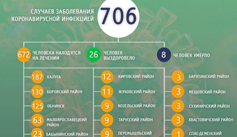 В Калужской области зафиксировано 706 случаев заболевания коронавирусной инфекцией