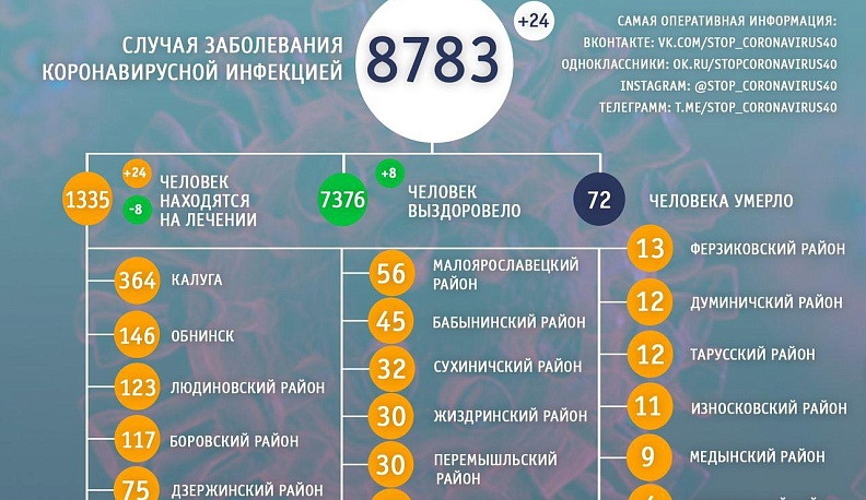 Коронавирусом продолжают болеть 1335 жителей Калужской области 