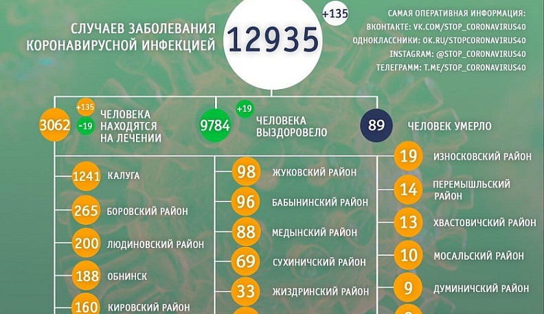 В Калужской области выявили 135 новых случаев коронавируса