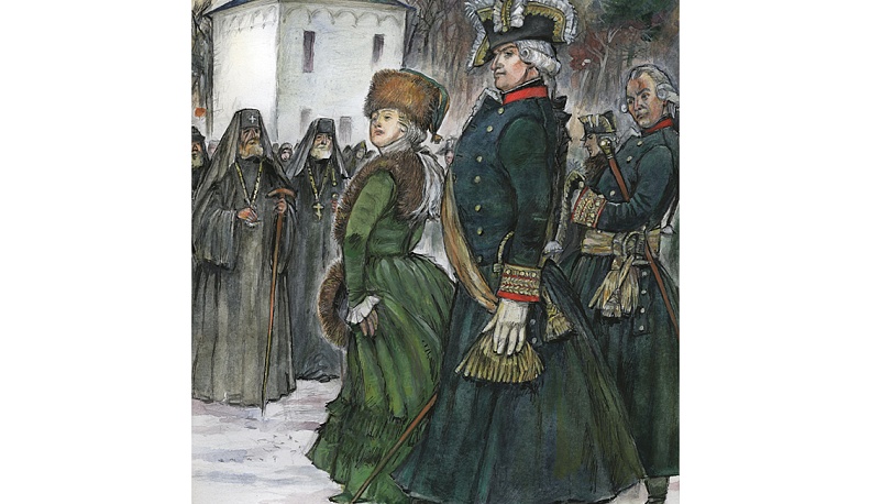  15 (26) декабря 1775 г. императрица Екатерина II в сопровождении графов Григория Потёмкина, Петра Румянцева-Задунайского и Ивана Чернышёва направляется к Троицкому собору, где ее ожидает архиепископ Платон.  Художник В.М. Типикин, 2022 г.