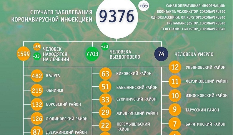 В Калужской области 65 новых заболевших