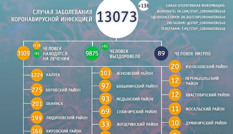 В Калужской области выявлено 138 случаев коронавируса за сутки