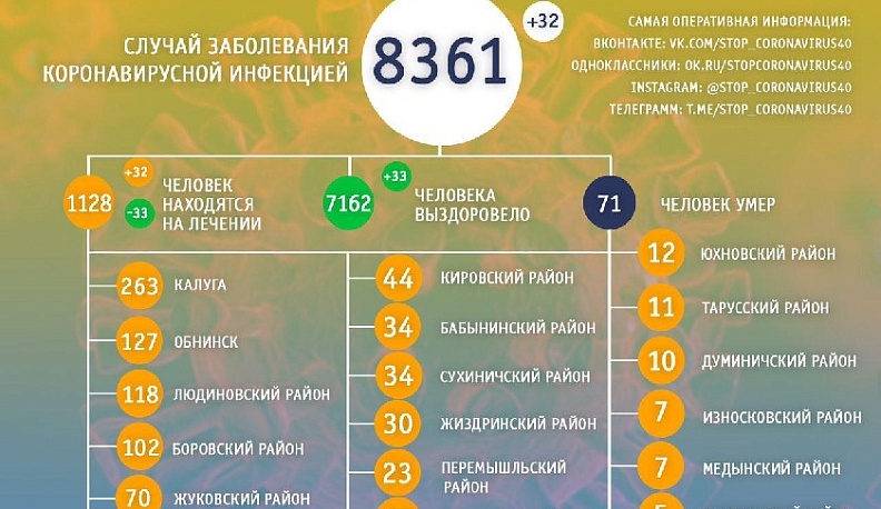 В Калужской области 32 новых случая коронавируса